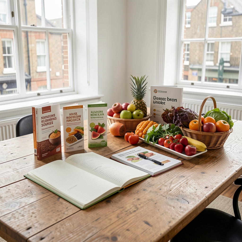 Neatly arranged seasonal vegetables and whole grains laid flat on a large wooden chopping board in a professional kitchen setting, overhead view