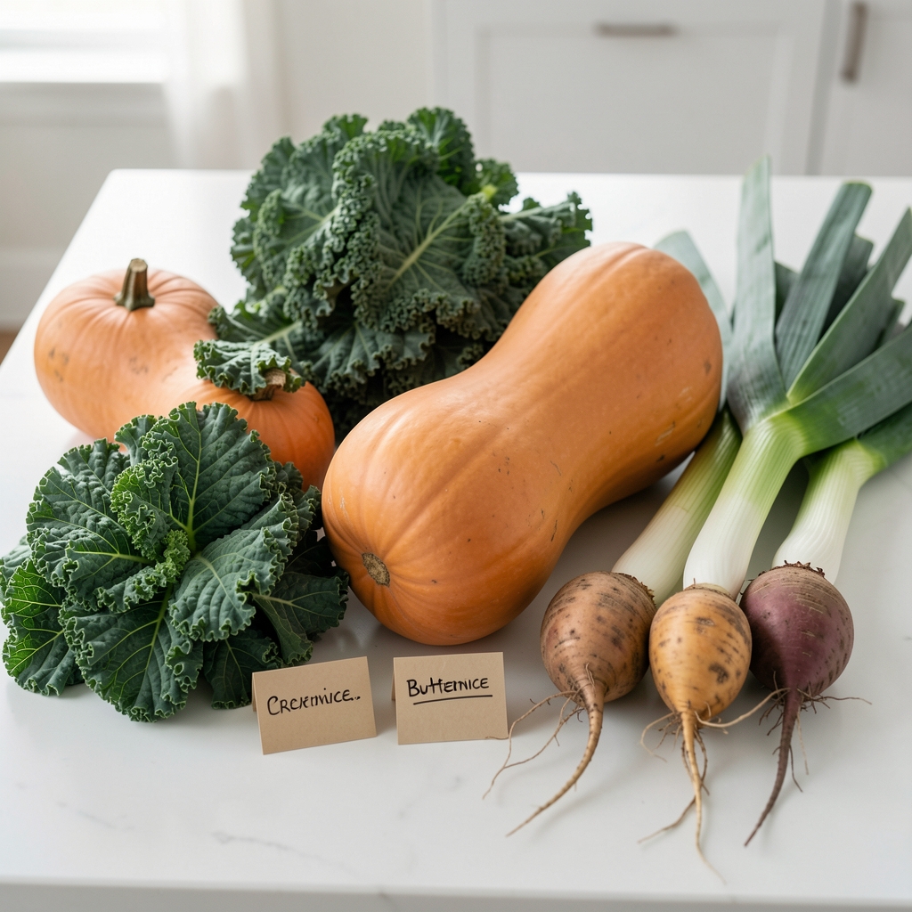 Organised seasonal produce laid out on a clean surface — kale, butternut squash, leeks, and root vegetables labelled with provenance cards