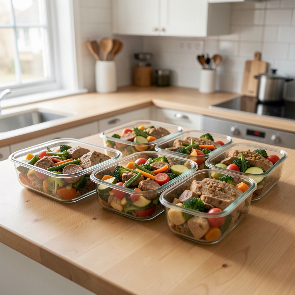 Systematically arranged batch-cooked whole-food meals in glass containers on a clean wooden kitchen counter, natural light