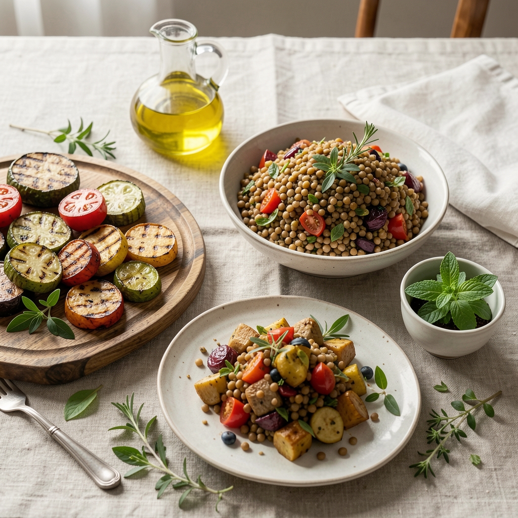 Colourful Mediterranean-style spread with grilled vegetables, lentil salad, olive oil, and fresh herbs on a rustic linen tablecloth, natural daylight