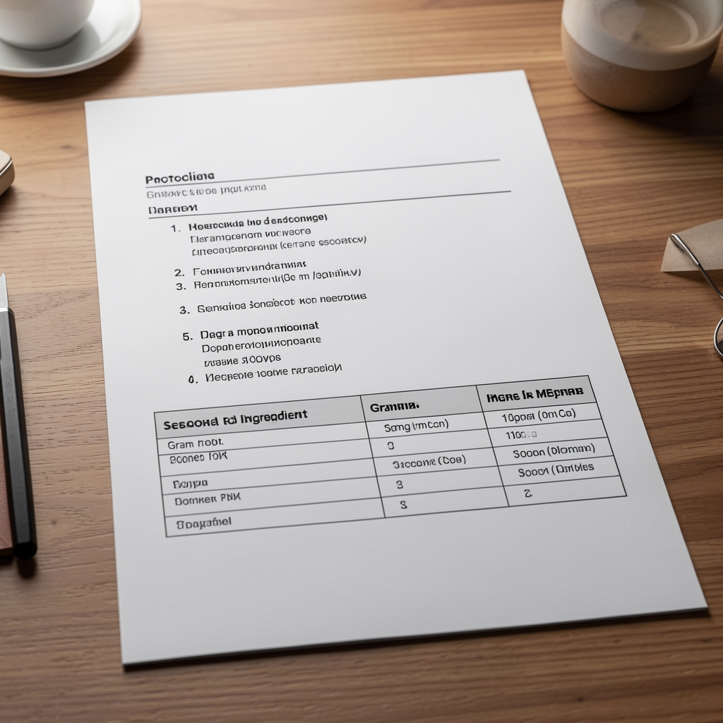 Open Eladovar protocol document laid flat on a desk showing numbered steps, gram measurements, and a seasonal ingredient table under controlled lighting