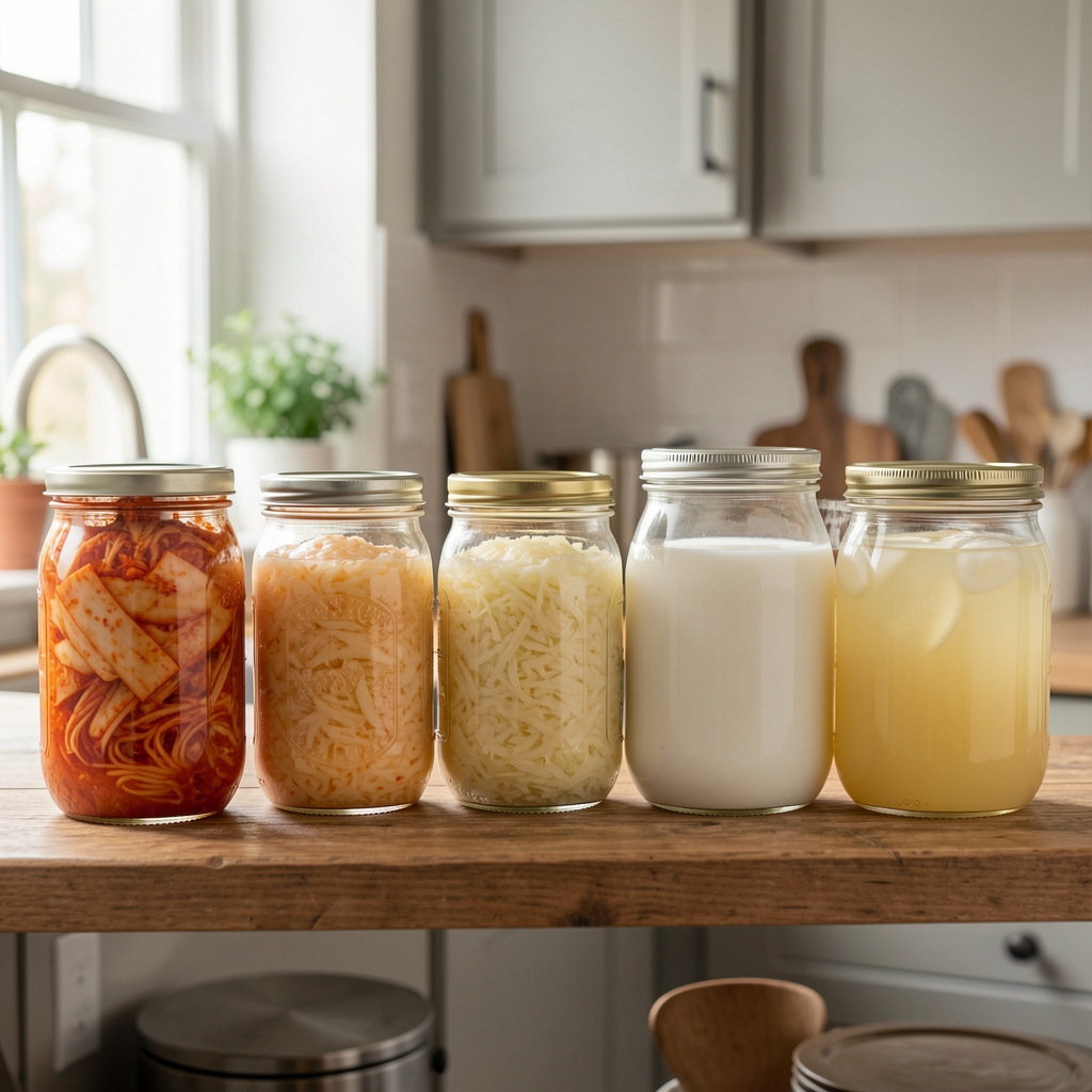 Various fermented foods in glass jars arranged on a wooden shelf in a well-lit kitchen — kimchi, sauerkraut, kefir, and kombucha