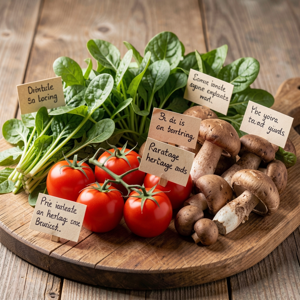 Vibrant seasonal British produce — spring greens, heritage tomatoes, and wild mushrooms — arranged with handwritten provenance labels on a wooden board