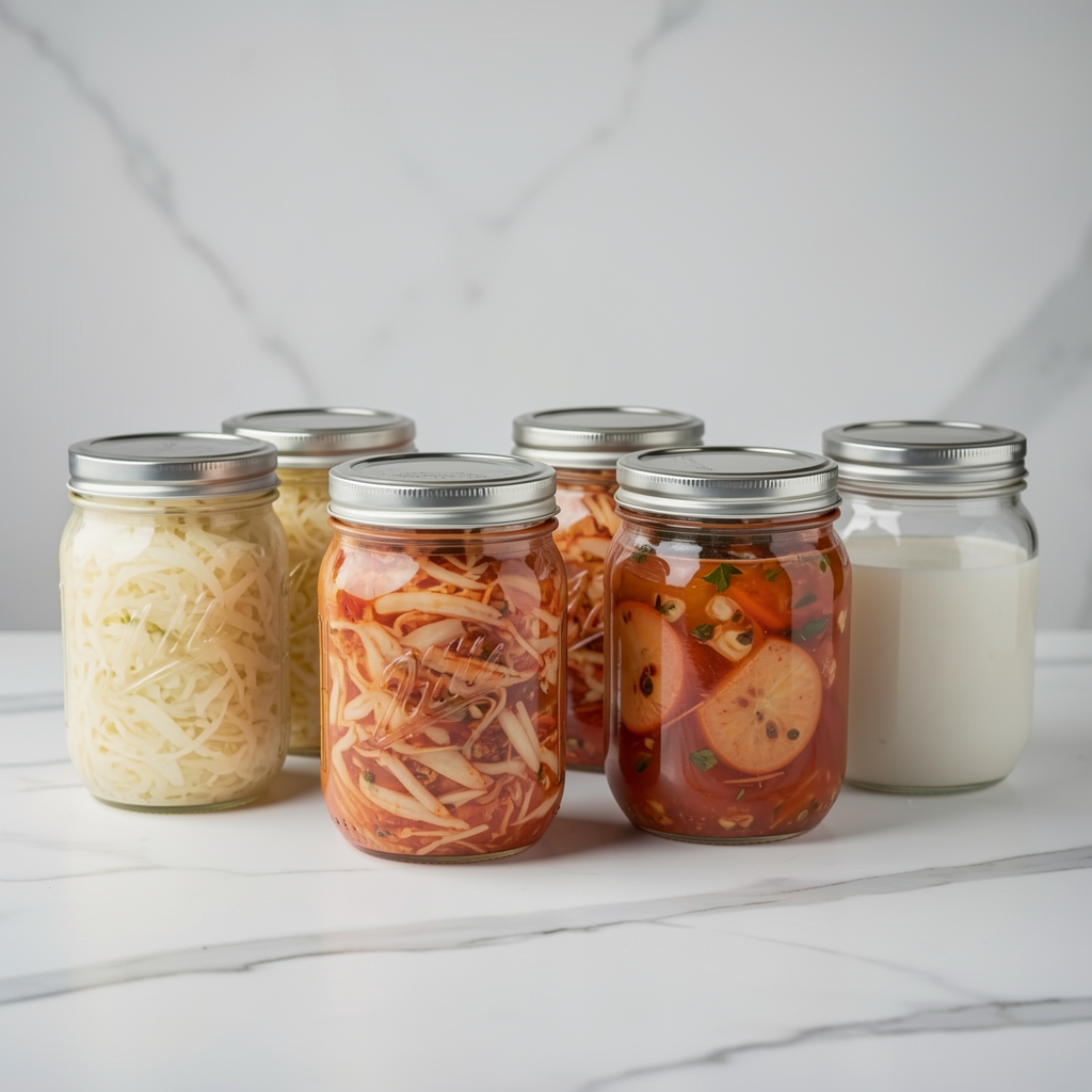 Glass jars of homemade fermented foods — sauerkraut, kimchi, and water kefir — arranged in rows under studio lighting on a clean marble surface