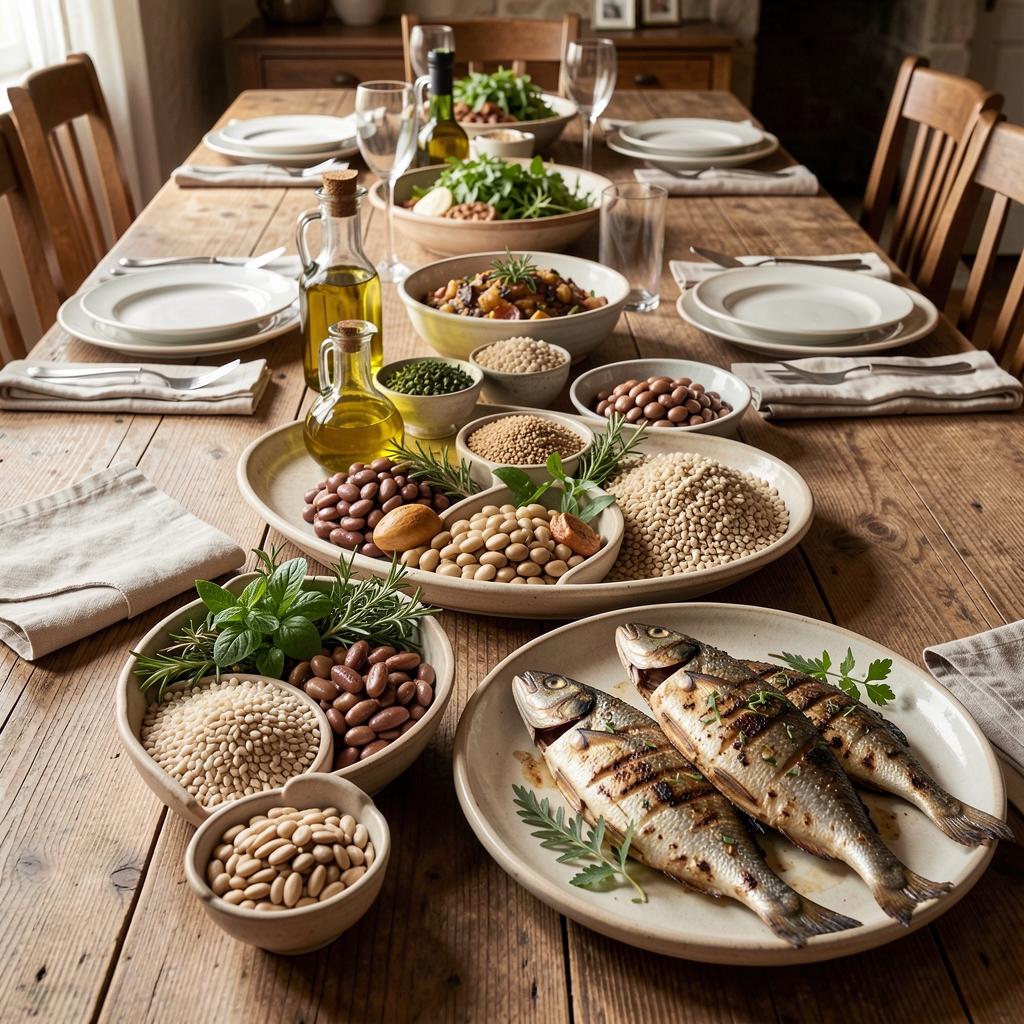 Mediterranean-style spread with olive oil, legumes, whole grains, fresh herbs, and grilled fish on a long wooden table with linen napkins