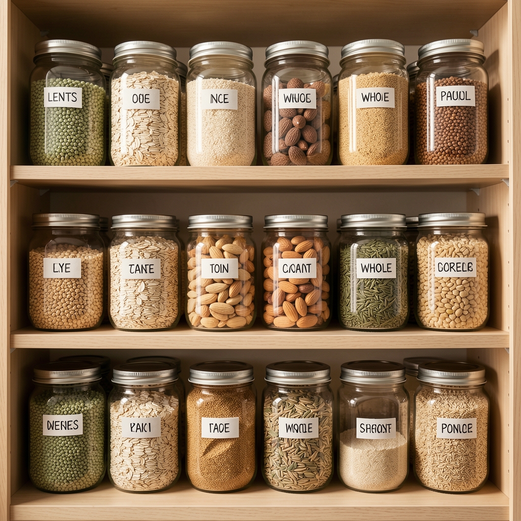 Organised dry pantry staples in labelled glass jars — lentils, oats, nuts, seeds, and whole grains — arranged in a neat grid on open kitchen shelving
