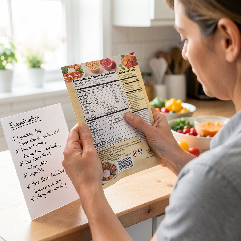 Person reading the back panel of a packaged food product under bright kitchen lighting, with a handwritten evaluation checklist visible beside it