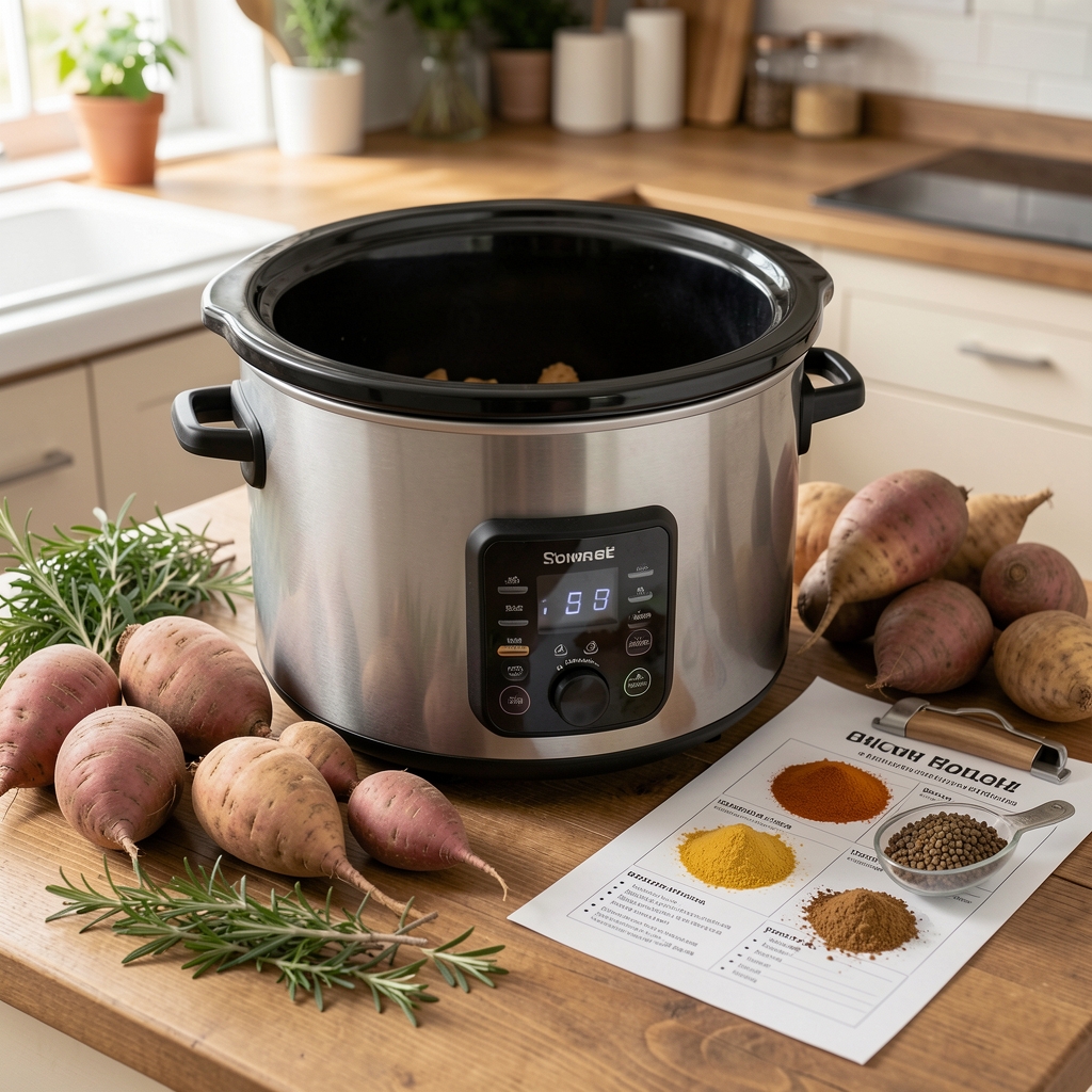 Slow cooker surrounded by whole root vegetables, fresh herbs, and measured spice portions on a kitchen bench with a printed cooking protocol sheet