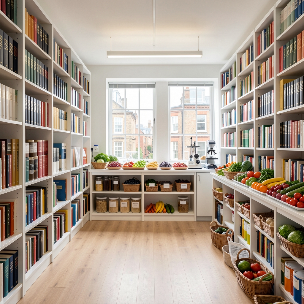Panoramic view of a clean, well-organised nutritional research studio in London with floor-to-ceiling bookshelves filled with reference volumes and seasonal produce samples