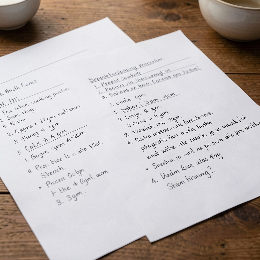 Close-up of handwritten batch-cooking protocol sheets with gram measurements and step-by-step preparation notes spread across a wooden desk